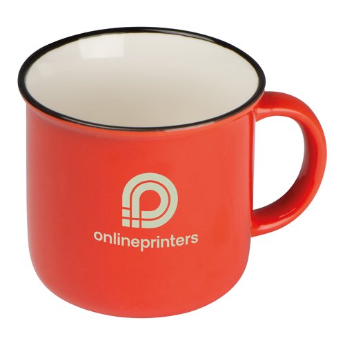 Tasse rouge en cramique au design rtro avec anse.