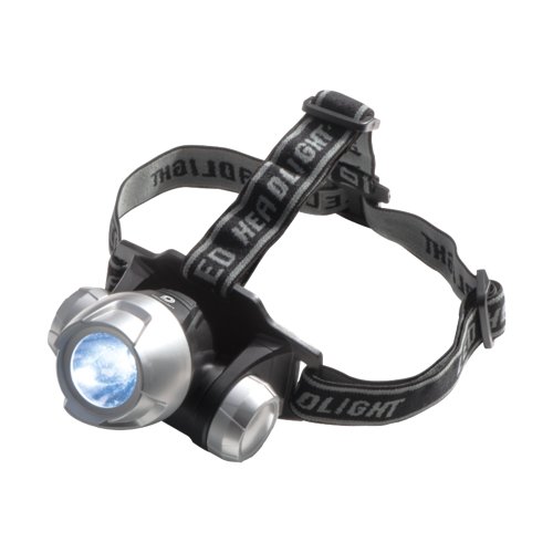 Lampe frontale grise avec bandeau ajustable.
