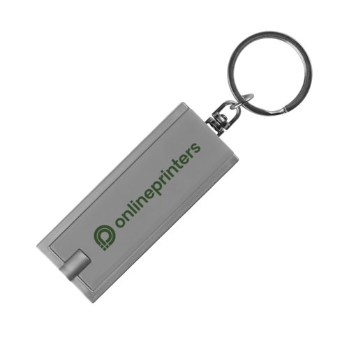 Porte-cls en plastique gris avec lumire LED et anneau en mtal.