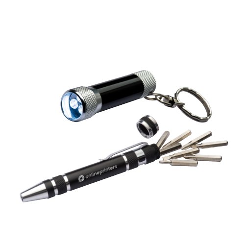 Jeu de tournevis noir avec lampe de poche LED.