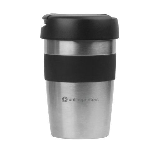 Mug isotherme en acier inoxydable argent avec couvercle noir et bande adhrente.