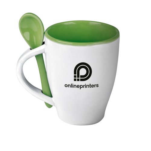 Tasse en cramique verte avec cuillre assortie.