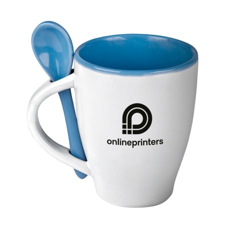 Mug  caf en cramique bleue avec cuillre.