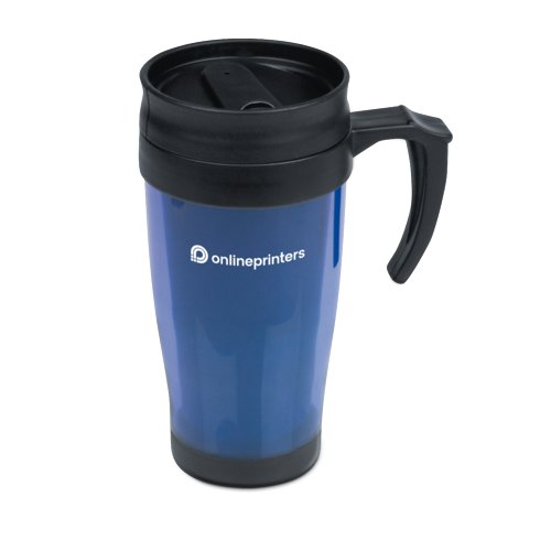 Mug en plastique bleu avec couvercle et anse.