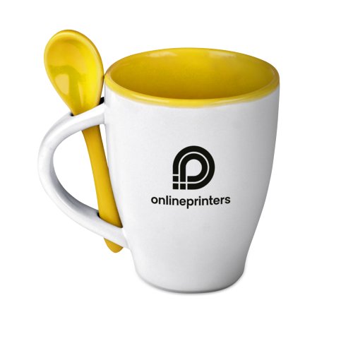 Tasse en cramique jaune avec cuillre assortie.