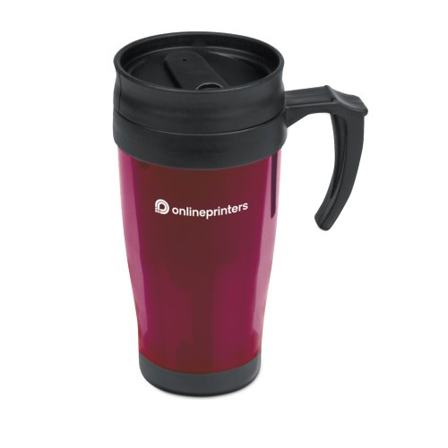 Mug rouge en plastique avec couvercle et anse.
