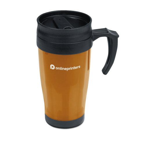 Gobelet orange en plastique avec couvercle et poigne.