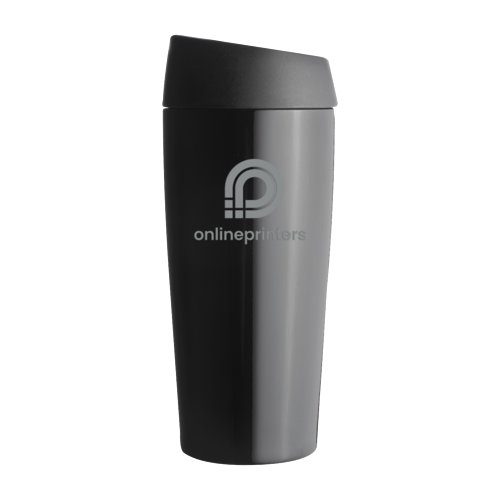 Gobelet isotherme en acier inoxydable avec couvercle.
