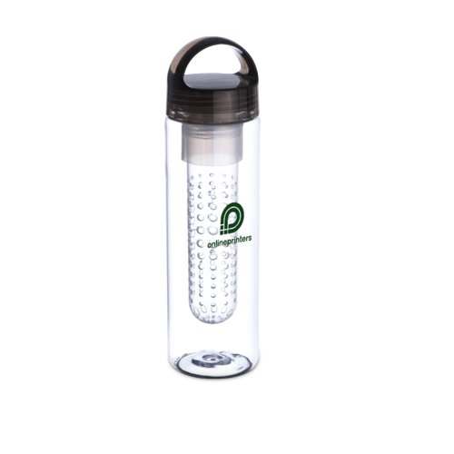 Bouteille transparente avec couvercle fonc et filtre amovible.