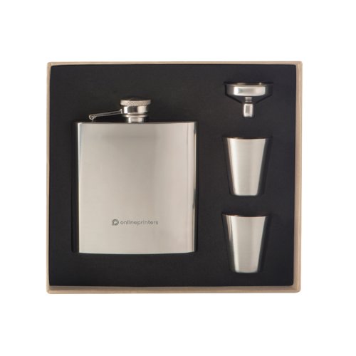 Flasque argente en acier inoxydable avec deux verres  liqueur.