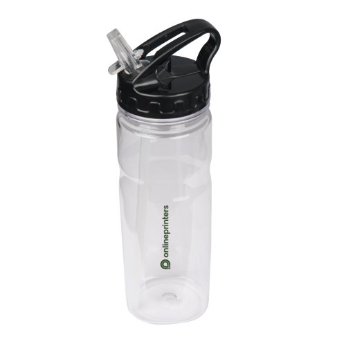 Bouteille d'eau transparente en plastique avec paille et couvercle noir.