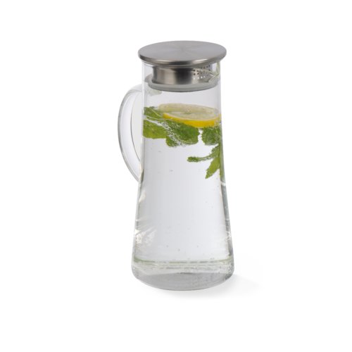 Carafe en verre transparent avec couvercle.