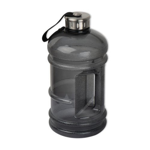 Bouteille d'eau en plastique noir avec couvercle et boucle de transport.