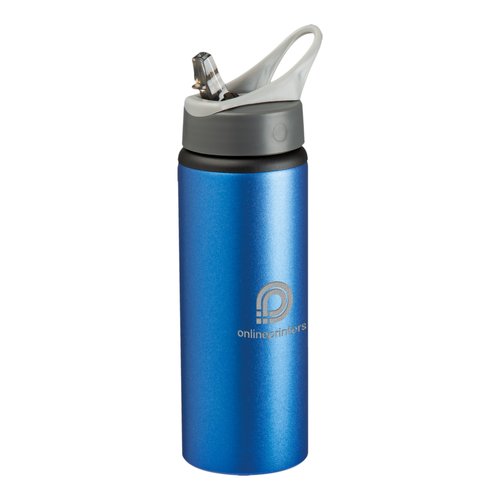 Bouteille d'eau en mtal bleu avec couvercle et paille.