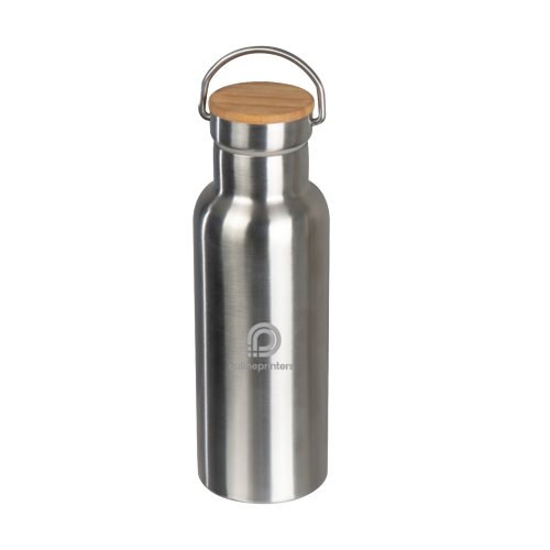 Gourde en acier inoxydable argent avec couvercle en bois et poigne.