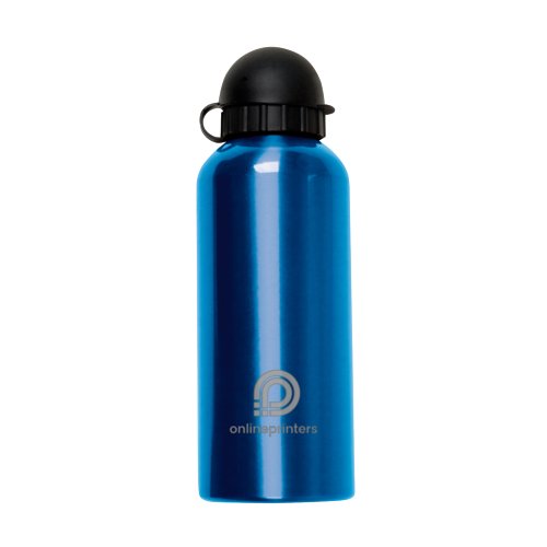 Bouteille d'eau en mtal bleu avec bouchon noir.