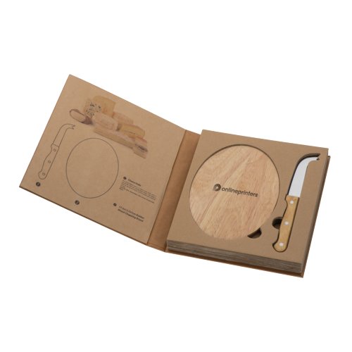 Planche  fromage en bois avec couteau et forme ronde.