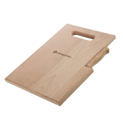 Planche en bois clair avec couteau et poigne.