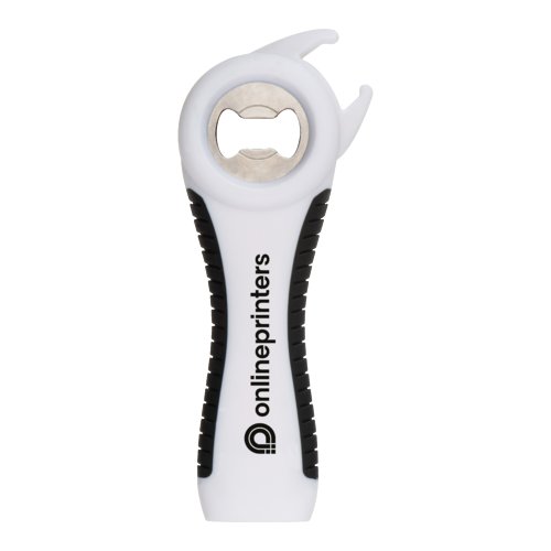 Ouvre-bote multiple en plastique blanc avec insert en mtal et poigne antidrapante.