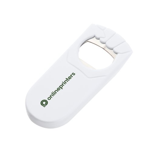Ouvre-bouteille blanc en plastique avec insert en mtal.
