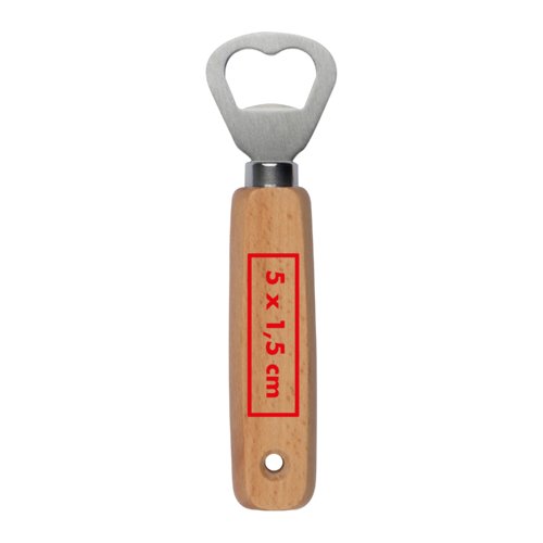 Ouvre-bouteille en bois avec tte en mtal et trou de suspension.
