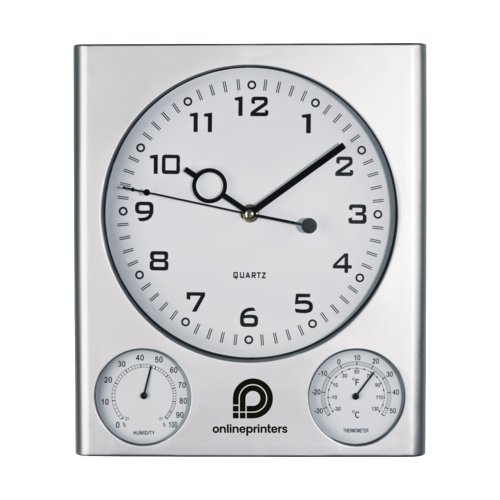 Horloge murale argente en plastique avec affichage analogique et thermomtre/hygromtre.