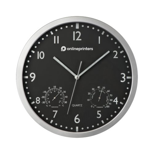 Horloge murale noire avec thermomtre et hygromtre.