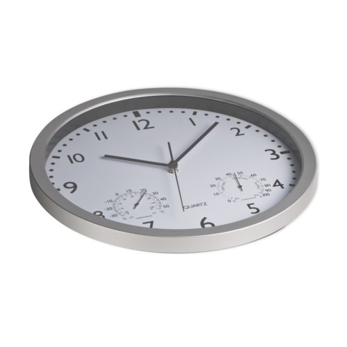 Horloge murale blanche avec cadre argent et affichage de la temprature.