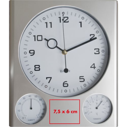 Horloge murale argente en plastique avec thermomtre et hygromtre.
