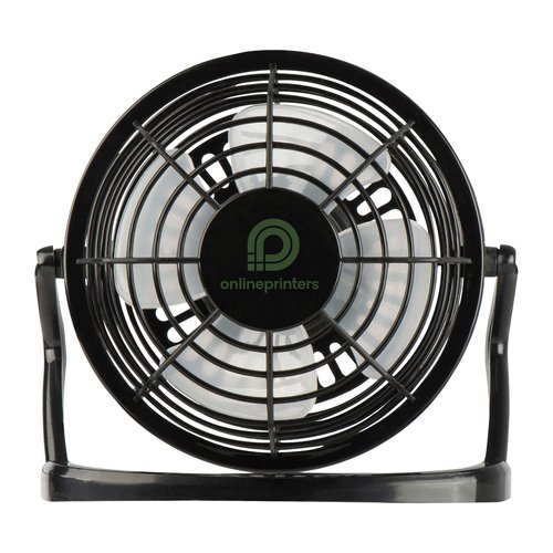Ventilateur de table noir avec inclinaison rglable.