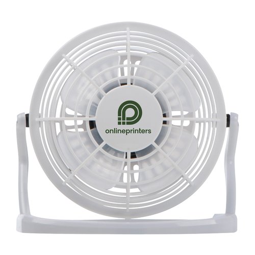 Ventilateur de table blanc en plastique avec grille de protection.