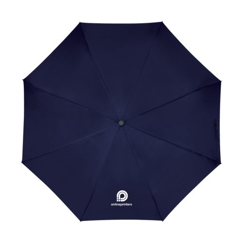 Parapluie bleu fonc avec mcanisme d'ouverture manuel.