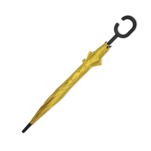 Parapluie jaune en tissu avec poigne spciale.
