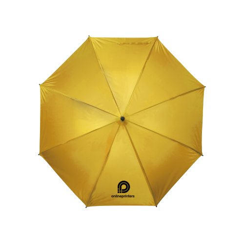 Parapluie jaune avec poigne bton et mcanisme d'ouverture manuel.
