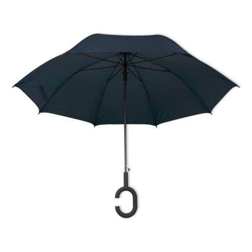 Parapluie bleu fonc avec poigne spciale.