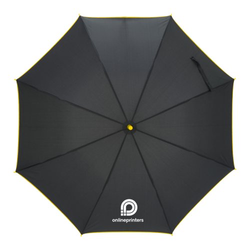 Parapluie automatique jaune avec poigne assortie.