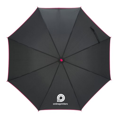 Parapluie automatique rose avec housse et poigne.