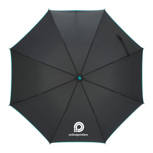 Parapluie automatique turquoise avec toile et poigne confortable.