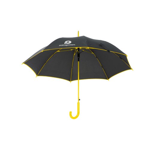 Parapluie automatique noir avec poigne jaune et dtails jaunes.