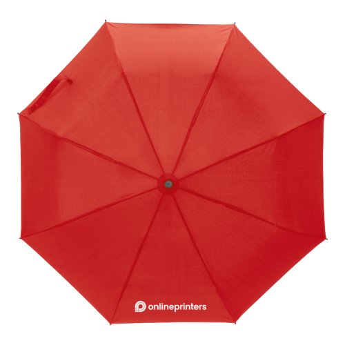 Parapluie de poche rouge avec mcanisme d'ouverture manuel.