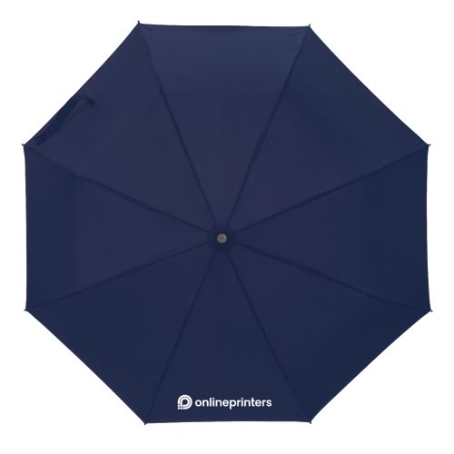 Parapluie de poche bleu fonc avec housse et poigne.