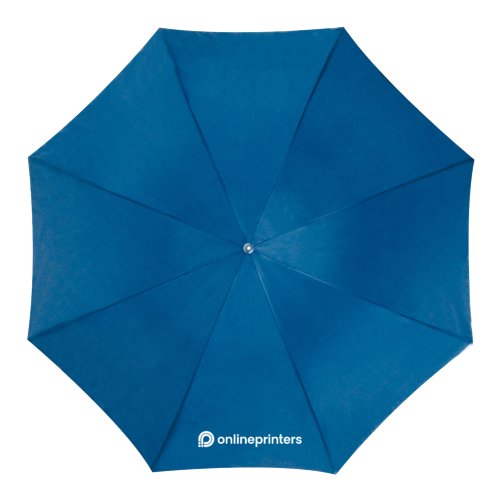 Parapluie droit automatique bleu avec housse et poigne.
