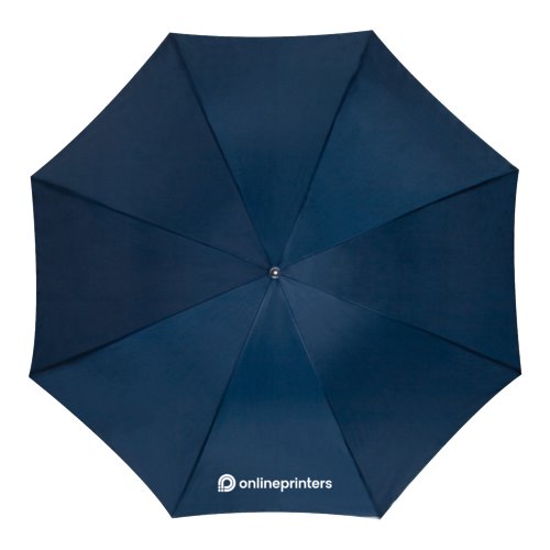 Parapluie droit automatique bleu fonc avec housse et poigne.