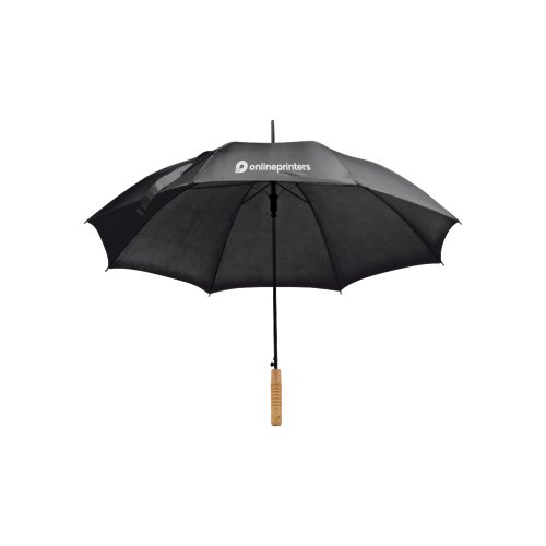 Parapluie droit automatique noir avec manche en bois.