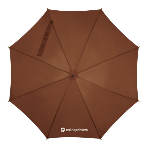 Parapluie droit en bois marron avec ouverture automatique.