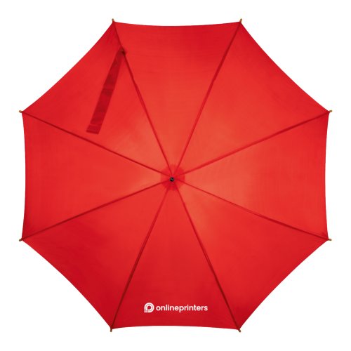 Parapluie rouge en bois avec ouverture automatique.