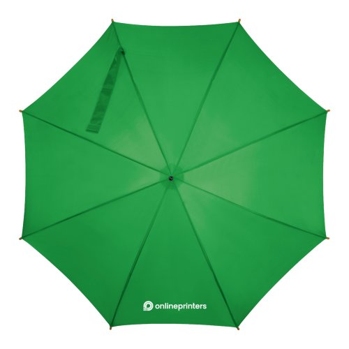 Parapluie automatique en bois vert avec housse de protection assortie.