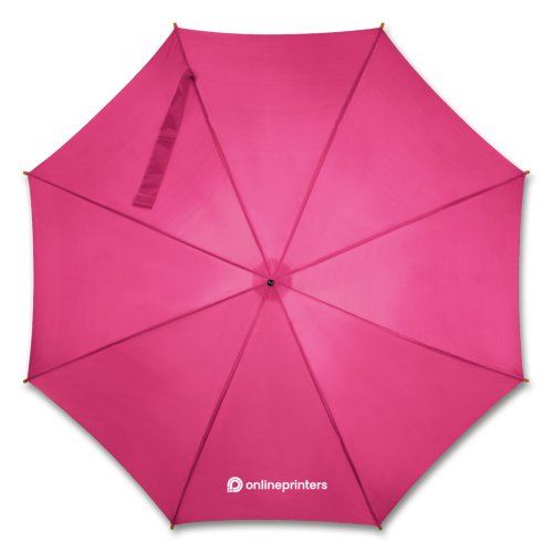 Parapluie automatique rose avec manche en bois et housse de protection assortie.
