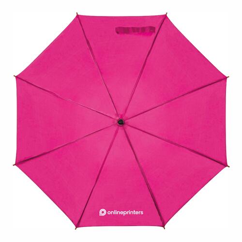 Parapluie automatique rose avec manche en bois et housse de protection assortie.