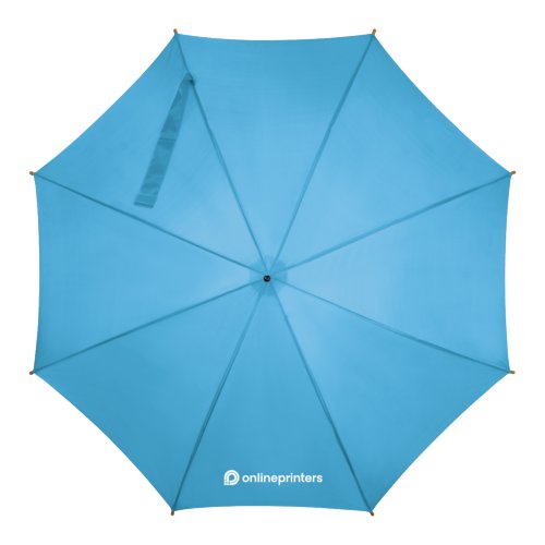 Parapluie automatique en bois bleu clair avec toile et poigne.